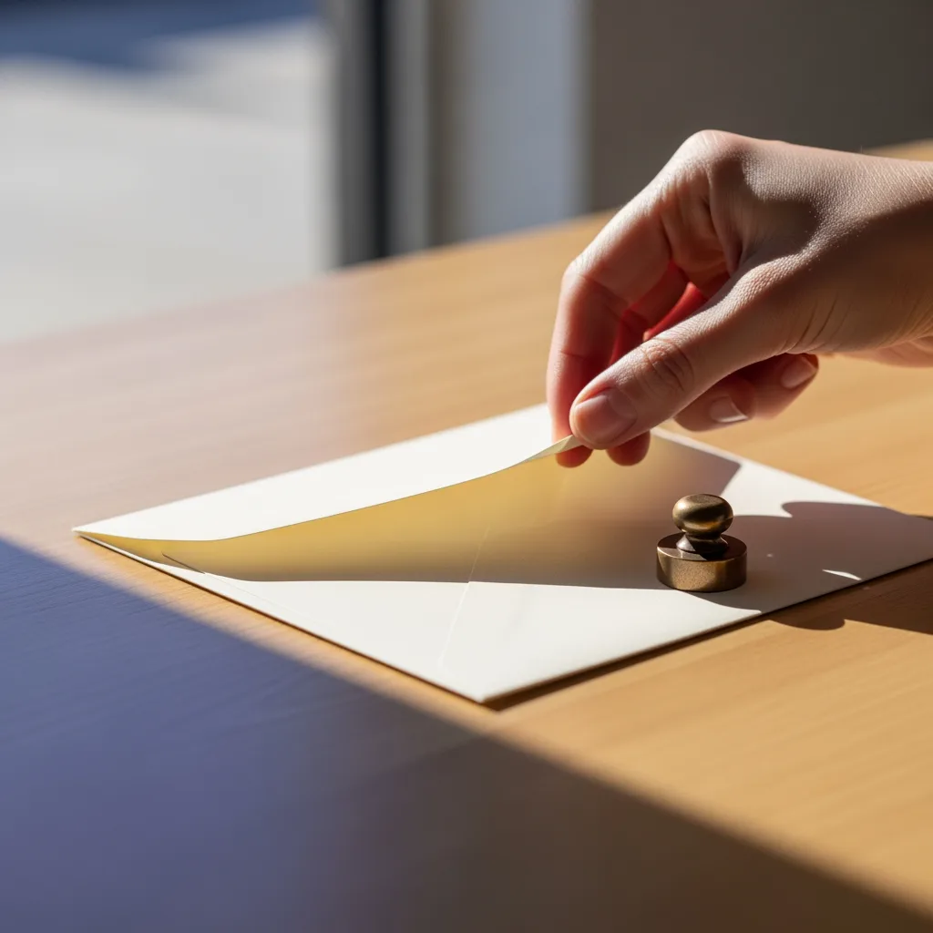 Cremefarbener Umschlag auf minimalem Schreibtisch mit warmem Seitenlicht und weichem Schatten