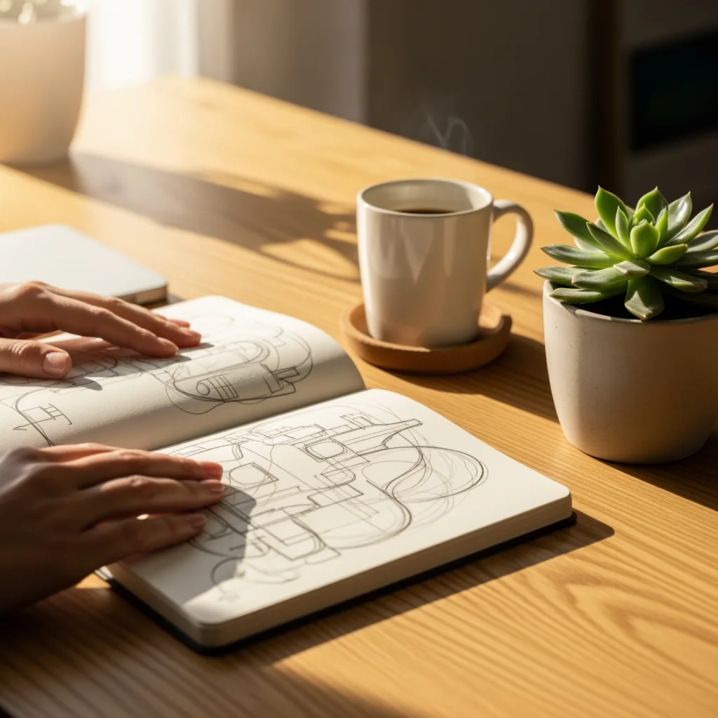 Hände auf einem offenen Notizbuch mit Skizzenlinien neben einer Kaffeetasse im Morgenlicht