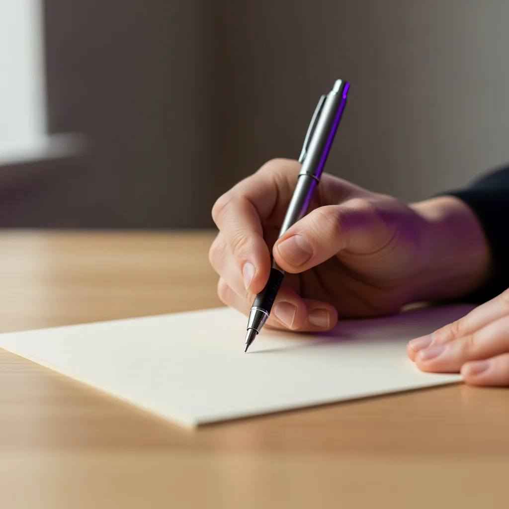 Hand mit Stift über cremefarbenem Papier auf warmem Schreibtisch, violettes Licht am Stift