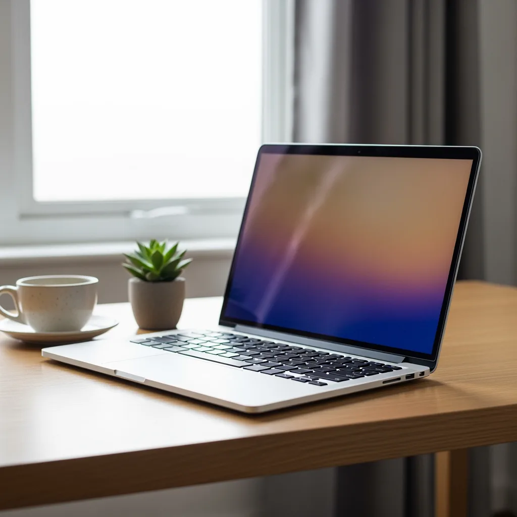 Aufgeklappter Laptop auf Eichenholz-Schreibtisch im Morgenlicht, Bildschirm unscharf