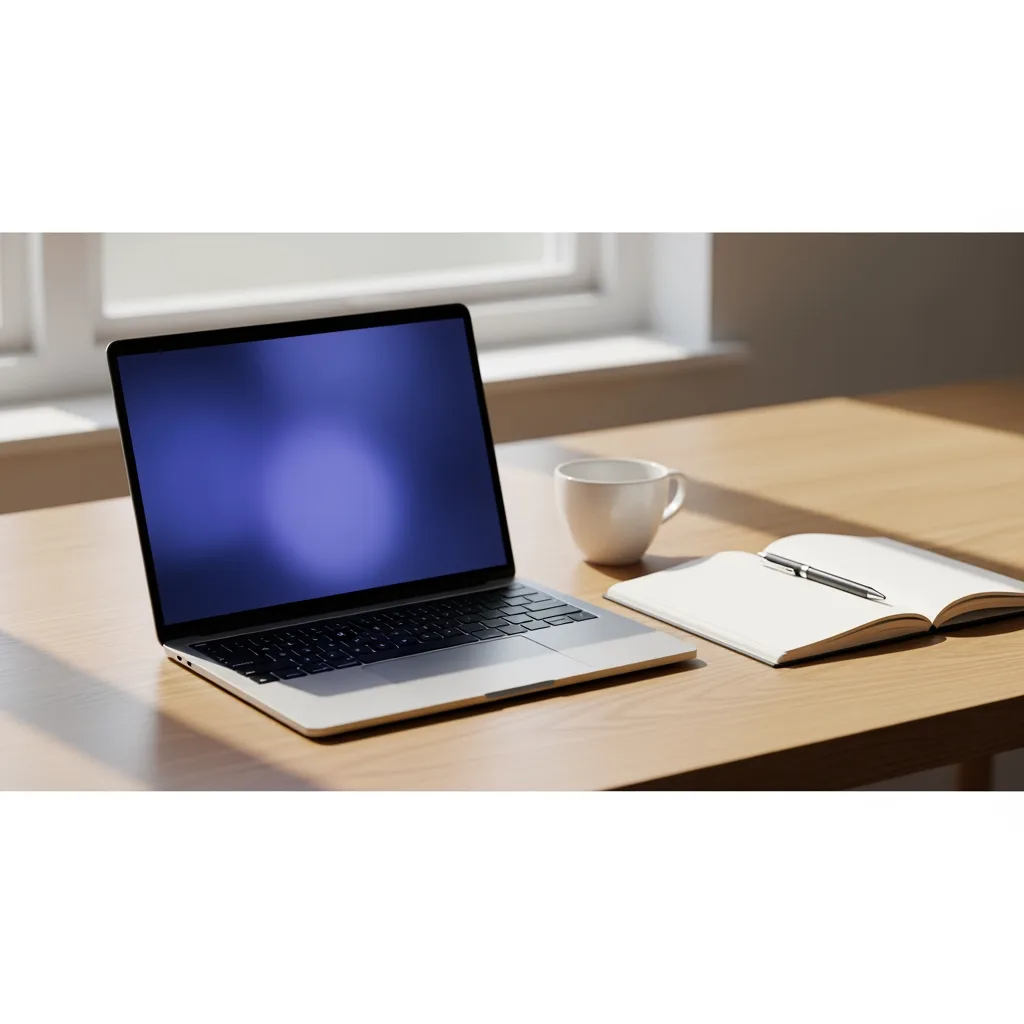 Aufgeklappter Laptop mit leuchtendem Bildschirm auf Eichentisch neben Kaffee und Notizbuch