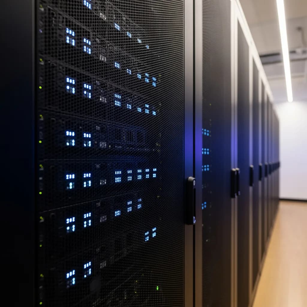 Leuchtender Server-Schrank mit Status-LEDs in einem aufgeräumten Technikraum
