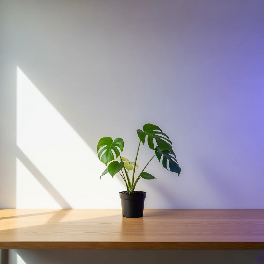 Einzelne Architekturpflanze auf breitem hellem Schreibtisch mit sanftem Violett-Seitenlicht