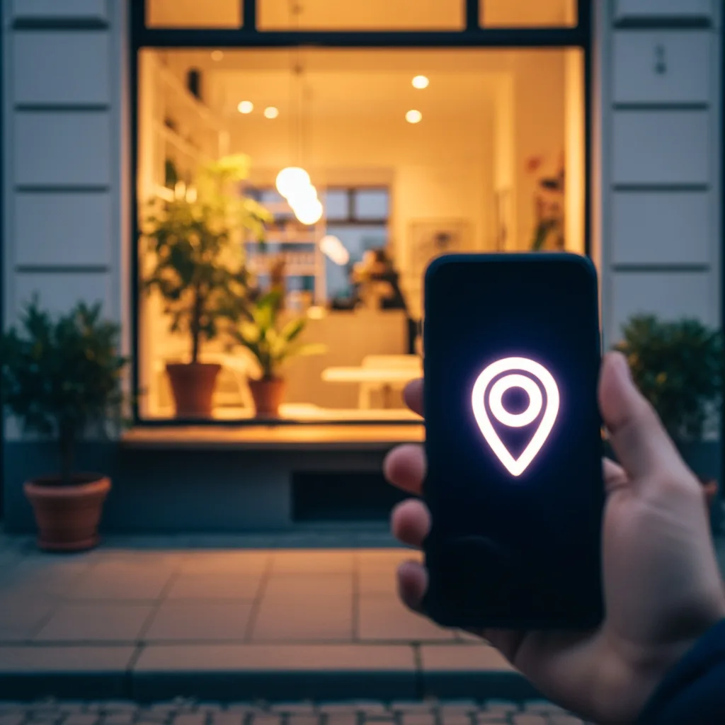Smartphone mit leuchtendem Kartenpin vor einem warmen Cafe-Schaufenster zur goldenen Stunde