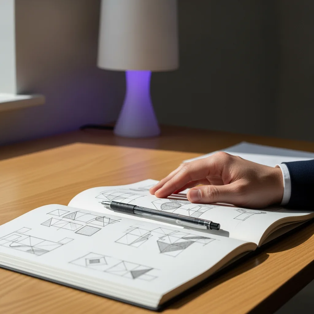 Designerhand und Skizzenbuch mit geometrischen Logo-Entwürfen auf Eichentisch
