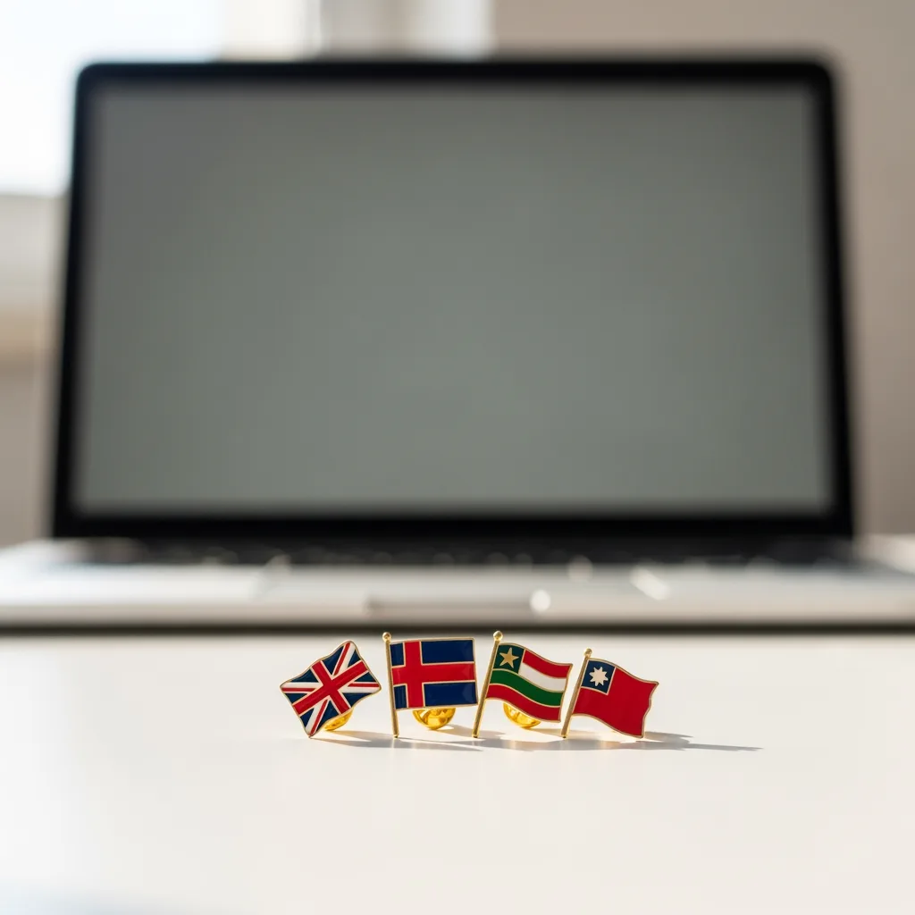 Kleine Flaggenpins in sanftem Bogen auf weissem Schreibtisch mit verschwommenem leuchtendem Laptop