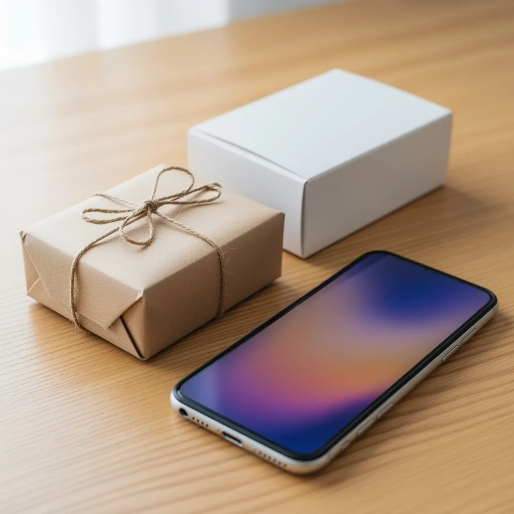Hochwertiges Produkt neben geneigtem Smartphone mit sanft verschwommenem Leuchtdisplay