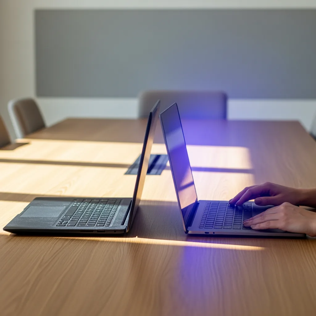 Geschlossener staubiger Laptop neben geöffnetem leuchtendem Laptop auf sauberem Konferenztisch