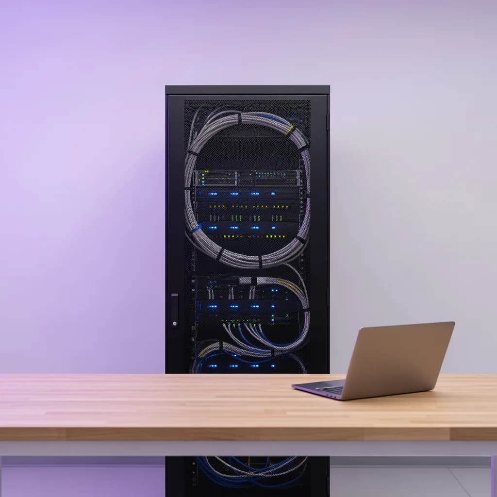 Serverrack mit violett-blauem Umgebungslicht und verschwommenem Laptop daneben