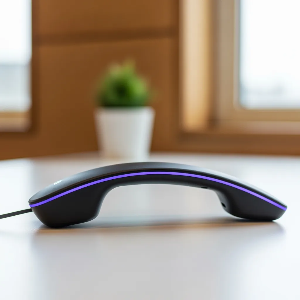 Modernes Tischtelefon auf weisser Fläche mit sanftem violettem Randlicht