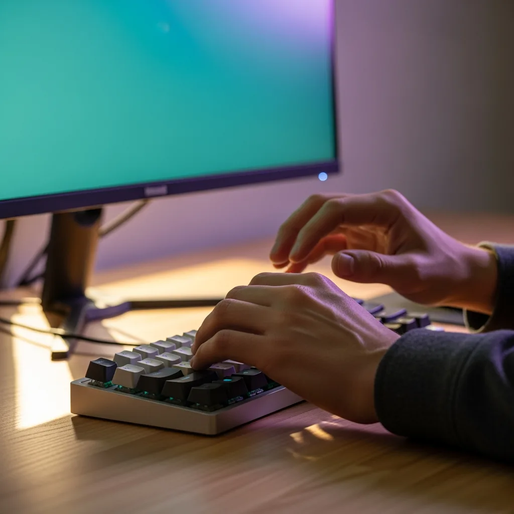 Entwicklerhände auf Tastatur mit sanft verschwommenem leuchtendem Monitor dahinter