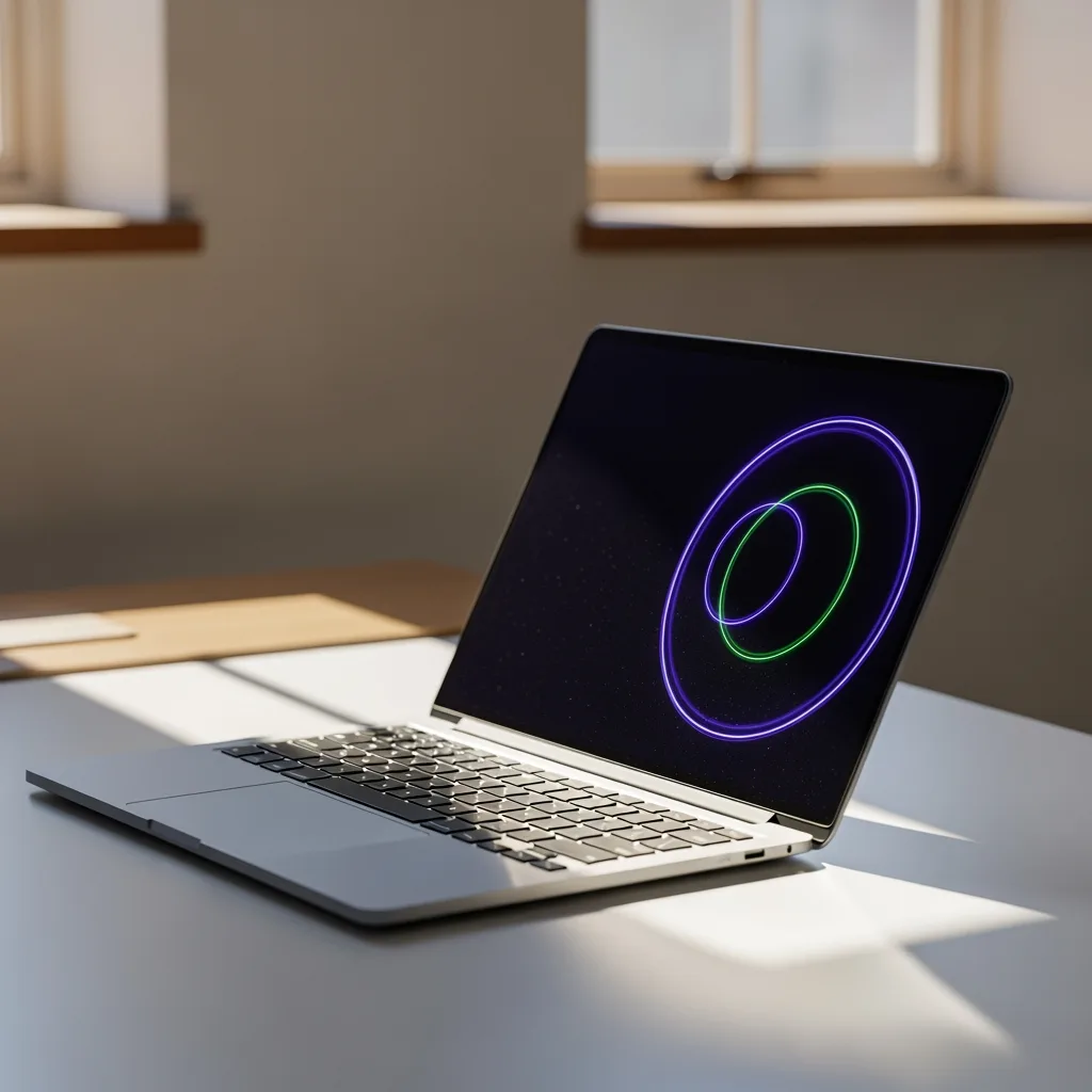 Schlanker Laptop mit abstrakten Leuchtringen auf dem Display im klaren Morgenlicht